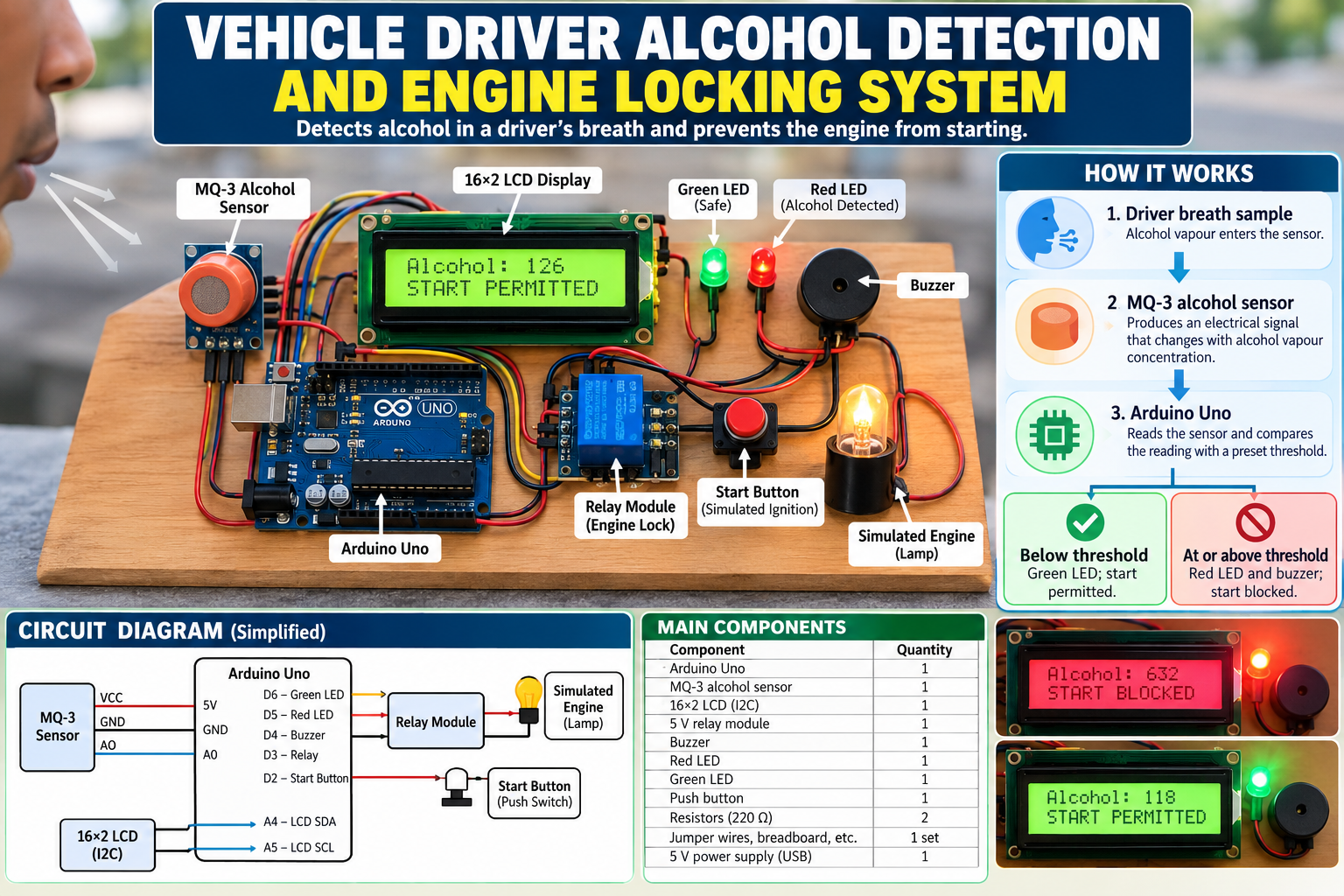 How to Build a Vehicle Driver Alcohol Detection and Engine Locking System Using Arduino