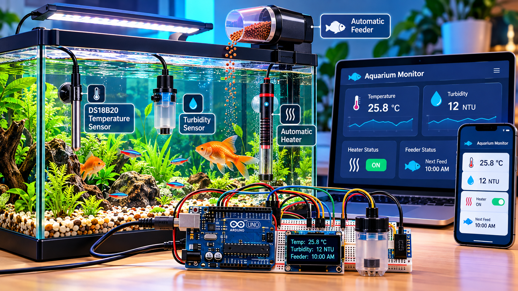 How to Monitor Aquarium Water Quality Using Arduino: DS18B20 Temperature Sensors, Turbidity Monitoring, Automatic Heating and Feeding
